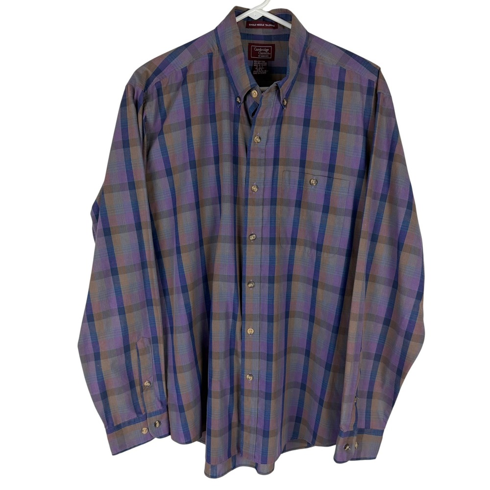 Cambridge Classics Men's Large Purple Brown Plaid Long Sleeve Button Down Shirt - Picture 5 of 8